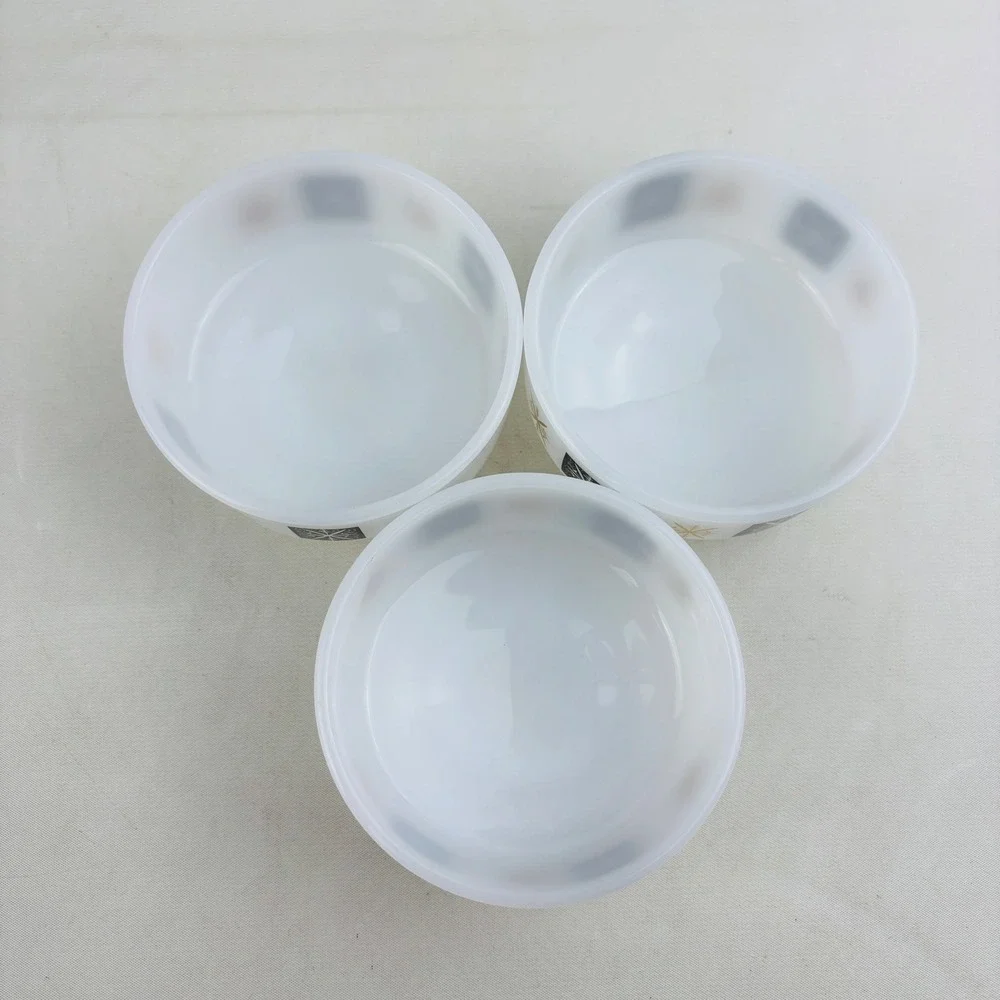 Vtg Federal Snowflake Atomic Starburst Milk Glass 3‎ Bowl Set Black Gold 1 Cup